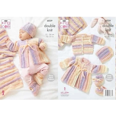 Image of King Cole Double Knit Baby DK Knitting Pattern Cardigan Matinee Coat Hat Bootees &amp; Blanket (6029), 12&#039;&#039; 21&#039;&#039;