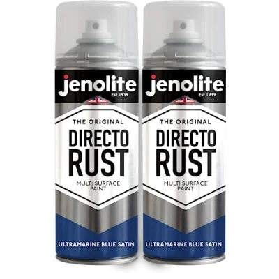 Image of JENOLITE Directorust Spray Paint Satin Finish ULTRAMARINE BLUE 2 x 400ml Direct To Rust for Metal All In One Multi Surface Metal, Wood, Plastic, Ceramic RAL 5002