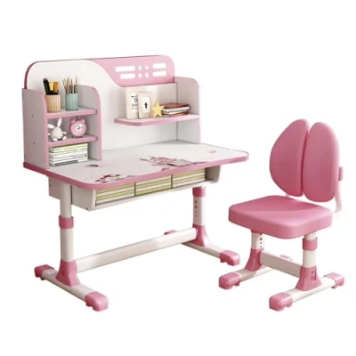 Image of Reheyre Children Study Desk and Chair Set, Pink Set with Adjustable Height, Drawers Storage, Cartoon Pattern Childs Learning Tables Chairs for Kids, Girls (Double Back Pink)