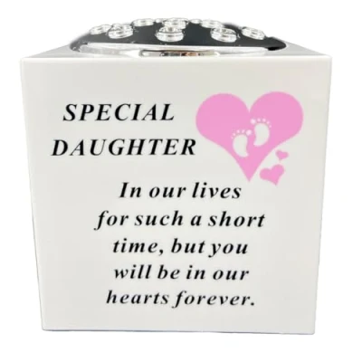 Image of Special Daughter Pink Little Girl Baby Memorial Graveside Flower Vase Container White and Silver