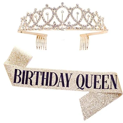 Image of Leixi Birthday Queen Sash &amp; Rhinestone Tiara Kit 21st 30th Gifts for Women Party Supplies (Gold)