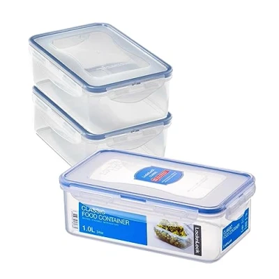 Image of LocknLock Rectangular Food Containers with Lids Set of 3 Plastic Airtight &amp; Watertight Storage Containers, BPA Free Dishwasher Safe, x 1L