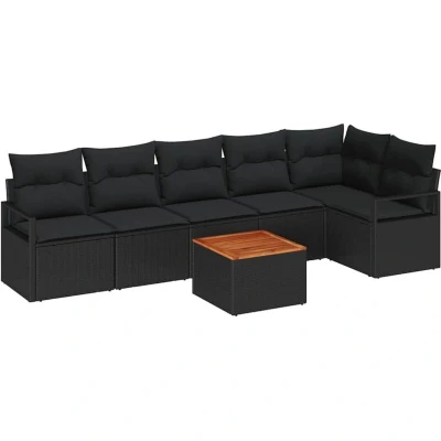 Image of vidaXL 7 Piece Garden Sofa Set with Cushions Black Poly Rattan Acacia