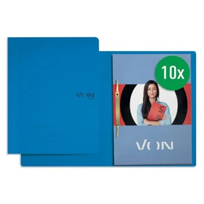 Image of VON Pack of 10 A4 File Folders, Cardboard, with Stapling Mechanism, for 250 Sheets, by Leitz, Soft Cover, School, Study and Home, Blue, 30130035