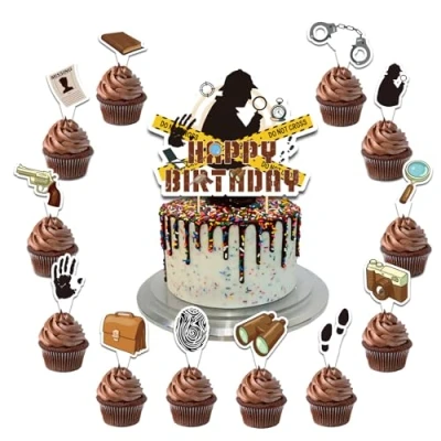 Image of MMBDAMAI 25 Pcs Detective Cake Topper Cupcake Toppers Decorations for Party Birthday Supplies