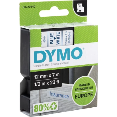 Image of DYMO Authentic D1 Labels Blue Print on White Tape 12 mm x 7 m Self Adhesive for LabelManager Label Makers Made in Europe