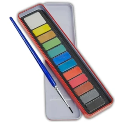 Image of PaulStore 12 Artist Watercolour Art Paint Tin blocks of colour Brush With Mixing Tray Lid