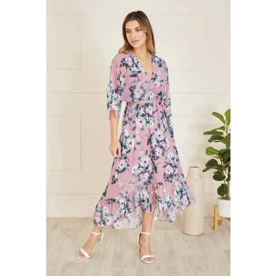 Image of Yumi Blush Floral Kimono Dipped Hem Dress 10 Pink