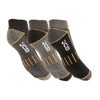 Image of JCB Socks Mens Work Panels for Heel &amp; Toe, Cushioned Terry Loops, Ribbed Leg Support Heavy Duty 6 11 Trainer Liners Ankle 3 Pairs