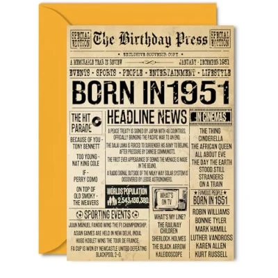 Image of 74th Birthday Card for Women Men Bday Press Newspaper 1951 Happy 74 Cards Husband Wife Nan Sister Dad Brother, 5x7 Inch Greeting