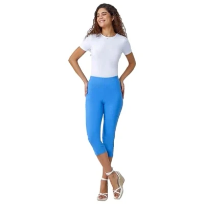 Image of Roman Originals Cropped Trousers for Women UK Ladies Capri Leggings Summer Pants Short Crop Stretch 3/4 Length Three Quarter Pedal Pusher Clothes Elasticated Bengaline Cut Off Light Denim Size 20