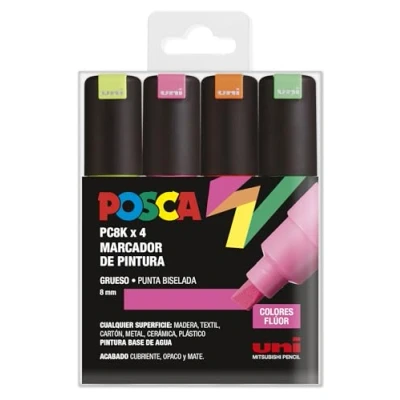 Image of UNI Posca Set of 4 PC8K Fluorine Colours Broad Beveled Tip Markers