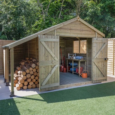 Image of 10&#039; x 8&#039; Forest Timberdale 25yr Guarantee Tongue &amp; Groove Pressure Treated Double Door Apex Shed with Logstore (3.07m 2.36m)