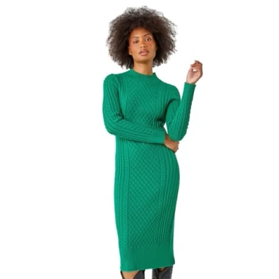 Image of Roman Cable Knit Midi Jumper Dress for Women UK Ladies Autumn Everyday Winter Holiday High Neckline Comfy Long Sleeve Soft Frock Desk to Dinner Gowns Green Size 18