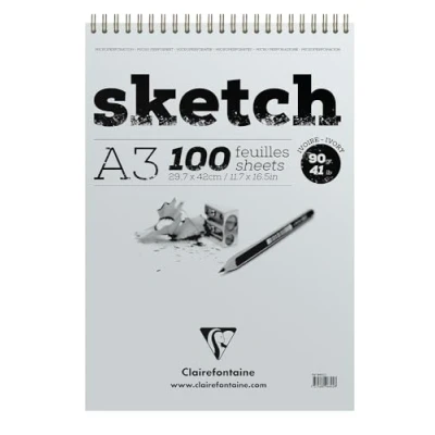 Image of Clairefontaine Ref 96642C Ivory Wirebound Sketch Pad (100 Sheets) A3 (420 x 297mm) in Size, 90gsm Paper Suitable for Sketching with Pencil, Charcoal