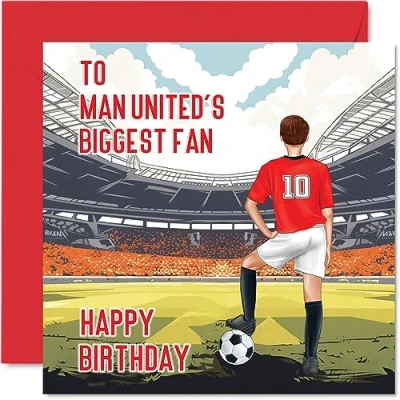 Image of Football Birthday Card for Man United Fans Biggest Fan Fun Happy Son Dad Brother Uncle Colleague Friend Cousin, 145mm x Footy Footie Bday Greeting Cards