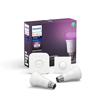 Image of Philips Hue White and Colour Ambiance Starter Kit: Smart Bulb 2x Pack LED [B22 Bayonet Cap] Includes Button + Bridge. Works with Alexa, Google Assistant Apple HomeKit,9 Watts