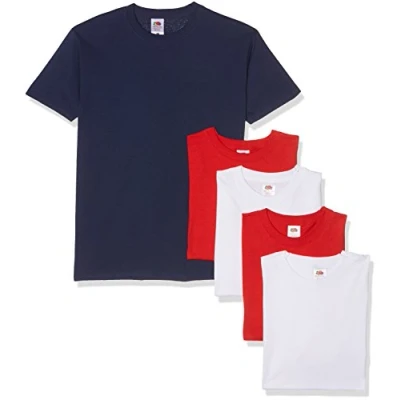 Image of Fruit of the Loom Men&#039;s Heavy T Shirt Pack 5, White/White/Red/Red/Navy, Large