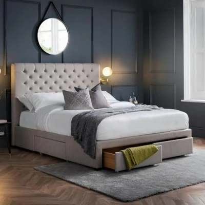 Image of Julian Bowen Grey Linen Fabric Wilton Deep Button 4 Drawer Bed, Super King