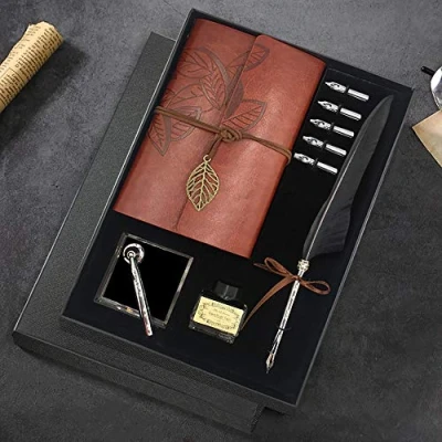 Image of Quill Pen and Ink Set, Antique Feather Dip Calligraphy including Pen, 5 Replacement Nibs, Nib Base, Notebook, Ink, Gift Box, Best Gifts for Him Men Dad (Grey)