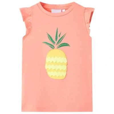 Image of vidaXL Neon Coral Kids&#039; T Shirt Cotton/Polyester/Elastane Blend Sleeveless Tee with Pineapple Print for Children Ages 9 10