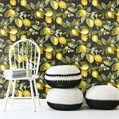 Image of RoomMates RMK11658WP Lemon Zest Yellow and Black Peel Stick Wallpaper