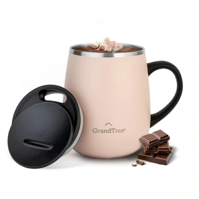 Image of GRANDTIES Insulated Coffee Mug with Handle, Sliding Lid for Splash Proof 16 oz Wine Glass Shape Thermal Tumbler Double Walled Vacuum Stainless Steel to Keep Beverages Hot or Cold Peach Crème
