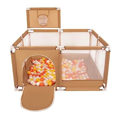 Image of Selonis Square Play Pen Filed with 200 Balls Basketball, Beige:Yellow/Orange/Pastel Beige/White