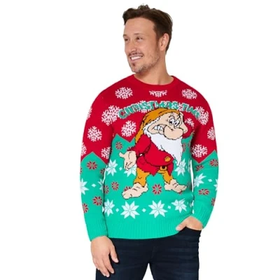 Image of Disney Mens Christmas Jumper Crew Neck with Long Sleeves, Warm Cosy Xmas Gifts for Men (Red/Teal Grumpy, XL)