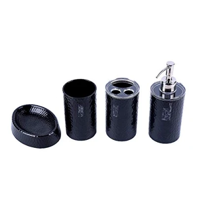 Image of London Boutique 4 Pieces Bathroom Accessory Set Soap Dispenser Toothbrush Holder Tumbler Dish White Black Brown (Black)