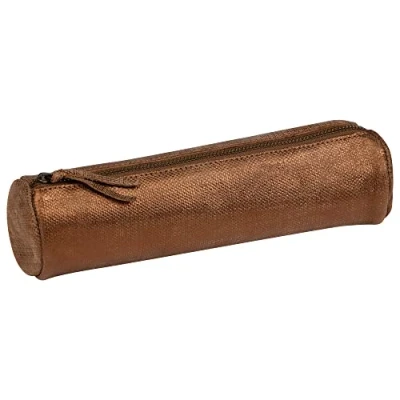 Image of Clairefontaine Ref 410033C Kleo Pathra&#039; Leather Round Pencil Case 22cm x 5.5cm, Made From Genuine Lambskin Leather, Metal Zip With Puller Bronze