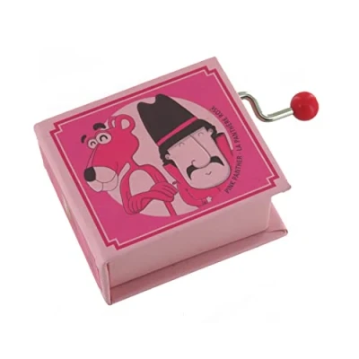 Image of Hand cranked Music Box/Musical Box Made of Illustrated Cardboard in The Shape a Book with 18 Note Musical Mechanism Pink Panther Main Theme (Henry Mancini)