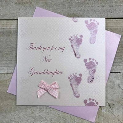 Image of white cotton cards Pink Footprints Thank Hand Finished New Granddaughter Card, WB225 GD