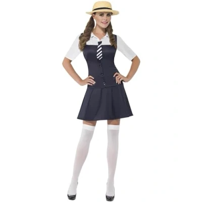 Image of Smiffys School Girl Costume, Black Dress, Attached Shirt, Tie and Boater Hat, Days Fancy Dragon Dress Up Costumes