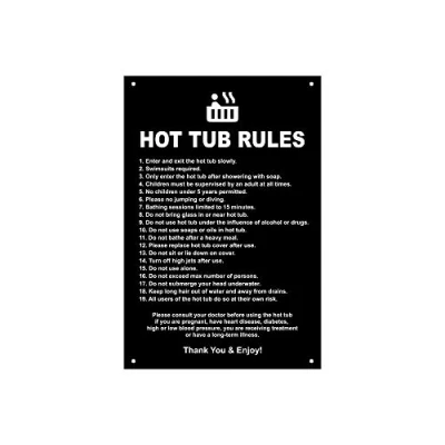Image of NEW hot Tub Rules Contemporary sign for outdoor use with a list of health and safety points about using tub. ideal in holiday accommodation (Black)