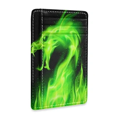 Image of Linomo Thin Leather Card Holder and Money Clip Green Dragon Wallet RFID Blocking for Men &amp; Women