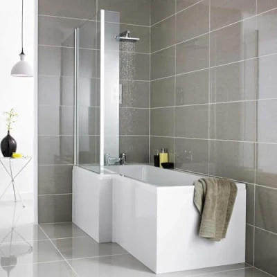 Image of Affine® 1700 Side Front Panel &amp; 680mm End Shower Bath 18mm MDF, Modern Wooden Panels for Bathroom L Shaped Baths Soaking Tubs, White Gloss