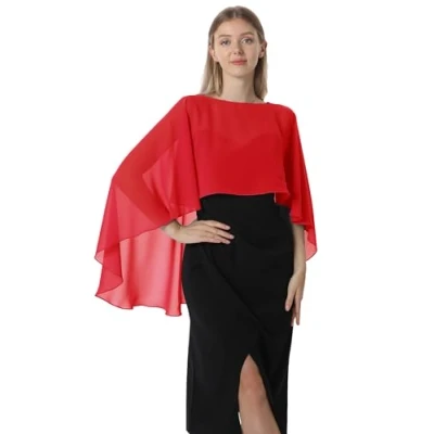 Image of Hotshawl Capelets for women Chiffon Cape Shawls and Wraps Evening Dress Wedding Capes Cover Up, Red, One Size