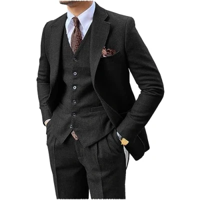 Image of Mens Suit 3 Pieces Formal Tweed Herringbone Slim Fit Prom Tuxedos Groomsmen(S,Black)