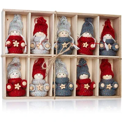Image of BRUBAKER 10 Piece Set Christmas Dolls Wood/Knit 3.2 Inches Height Tree Ornaments in Wooden Box