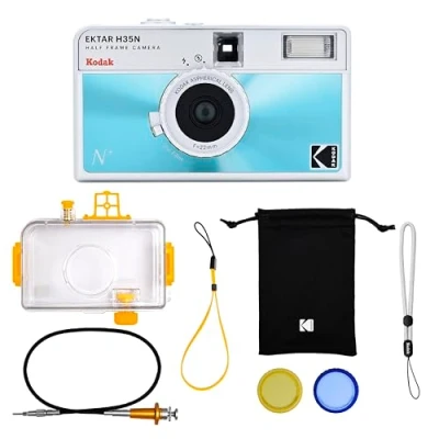 Image of KODAK EKTAR H35N Half Frame Film Camera, 35mm, Reusable, Focus Free, Bulb Function, Built in Star Filter, Coated Improved Lens (Film &amp; AAA Battery are not Included) (Glazed Blue, Premium Kit)