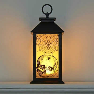 Image of Cackle &amp; Co Light Up Halloween Lantern Decoration Skull Design Yellow LED 30cm
