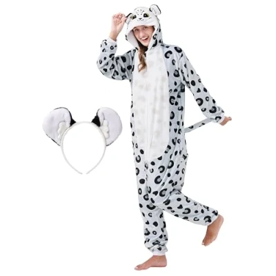 Image of corimori Fluffy Snow Leopard Costume for Adults with Headband Carnival Onesie Women Men Height 180 190 cm