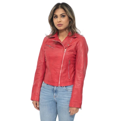 Image of Ladies Womens Red Real Leather Fitted Vintage Biker Style Zip Fashion Jacket XL