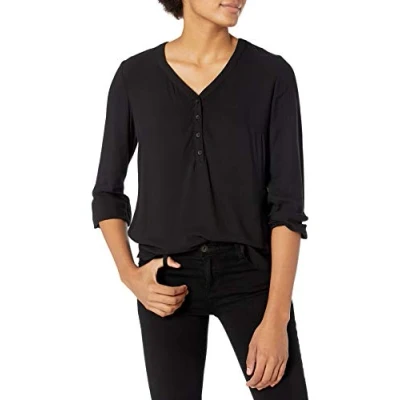 Image of Amazon Essentials Women&#039;s 3/4 Sleeve Button Popover Shirt, Black, XXL