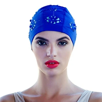 Image of Medifier Hollow out Flowers Swim Bathing Cap for Short and Long Hair Swimming Hat (Blue)