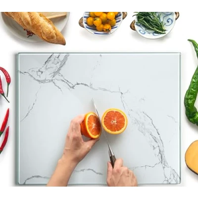 Image of Glass Chopping Board Large 50x40cm : Worktop Saver for Kitchens Durable, Hygienic Savers Scratch Resistant, Heat Proof White Marble Design