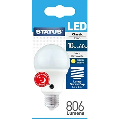 Image of Status 10W Dusk to Dawn Sensor LED GLS Pearl Bulb ES E27 Screw in =60W Pack of 2
