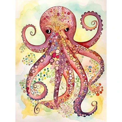 Image of Artery8 Octopus Portrait Bright Folk Art Watercolour Painting Unframed Wall Print Poster Home Decor Premium