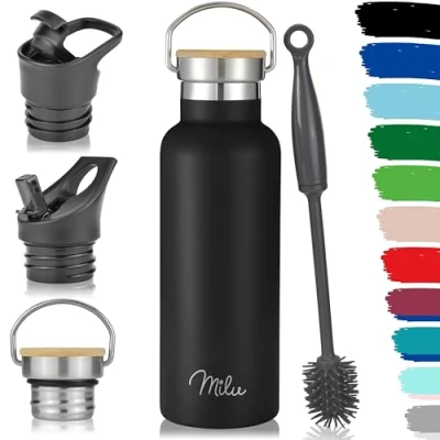 Image of Milu Stainless Steel Drinking Bottle 350ml, 500ml, 750ml, 1l (+3 Lids) Thermo with Straw, Water Bottle, for Hot, Cold &amp; Carbonated Drinks (Black, 500ml)